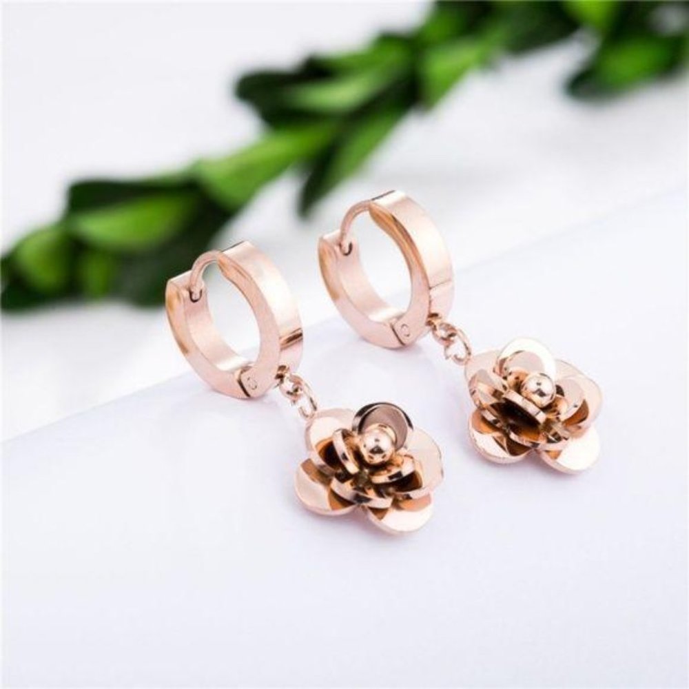 Rose Gold Plated Rose Floral Drop Huggie Earrings - Picture 4 of 5